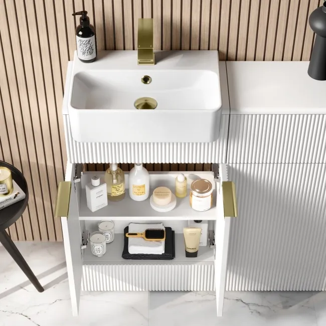 Sicily Fluted Coastal White Vanity and Back To Wall Toilet Unit 1000mm (Excludes Toilet) - Brushed Brass Accents