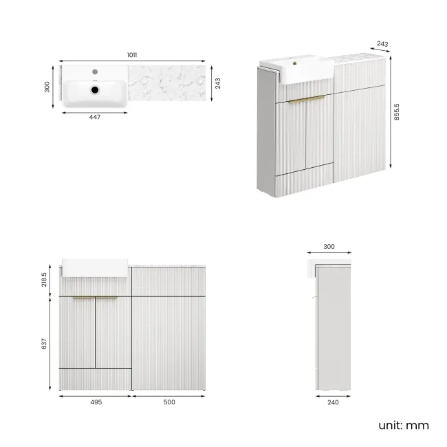 Sicily Fluted Coastal White Basin Vanity with Marble Top & Back To Wall Unit 1000mm (Excludes Toilet) - Brushed Brass Accents