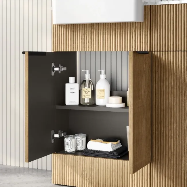 Sicily Fluted Country Oak Basin Vanity with Marble Top & Back To Wall Unit 1000mm (Excludes Toilet) - Black Accents