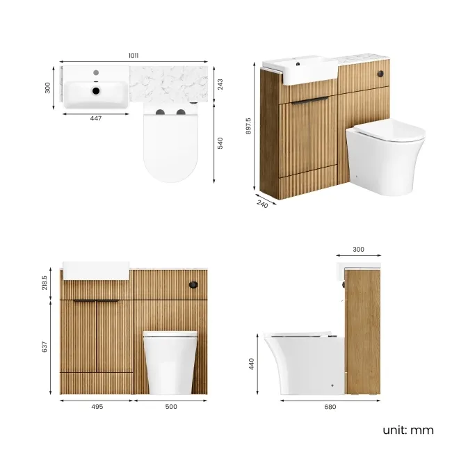 Sicily Fluted Country Oak Combination Vanity Basin with Marble Top & Tucson Toilet 1000mm - Black Accents