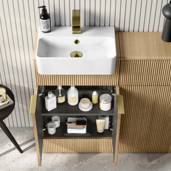 Sicily Fluted Country Oak Combination Vanity Basin and Miami Toilet 1000mm - Brushed Brass Accents