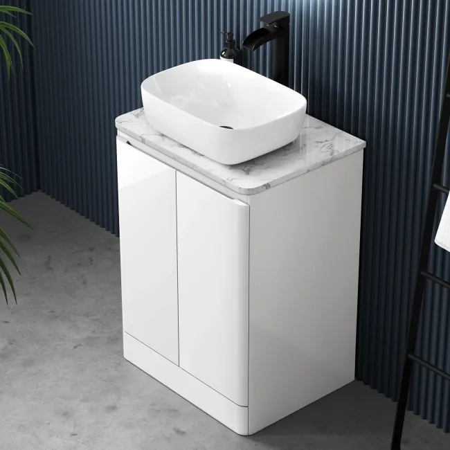 Corsica Gloss White Vanity with Marble Top & Curved Basin 600mm