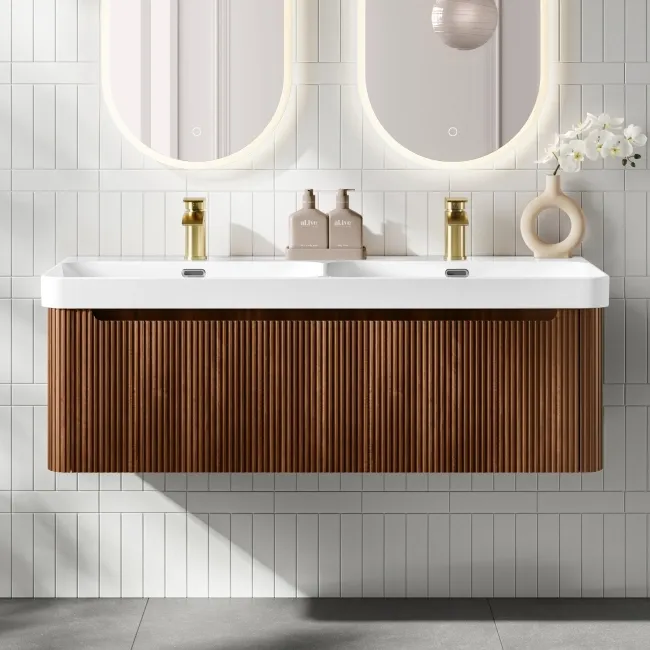 Sorrento Fluted Black Walnut Wall Hung Double Basin Drawer Vanity 1200mm