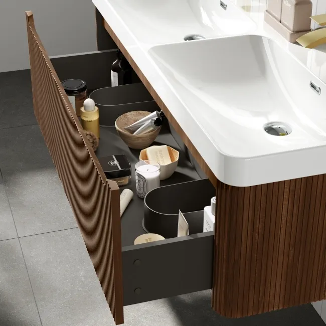 Sorrento Fluted Black Walnut Wall Hung Double Basin Drawer Vanity 1200mm