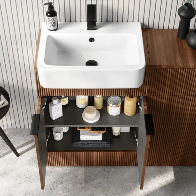 Sicily Fluted Black Walnut Combination Vanity Basin and Miami Toilet 1200mm - Black Accents
