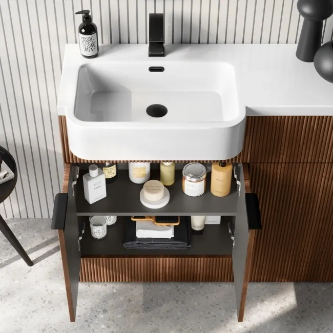 Sicily Fluted Black Walnut Combination Vanity Basin and Houston Toilet 1200mm - Black Accents - Left Handed