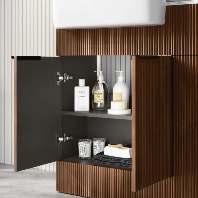 Sicily Fluted Black Walnut Combination Vanity Basin with Marble Top & Tucson Toilet 1200mm - Black Accents