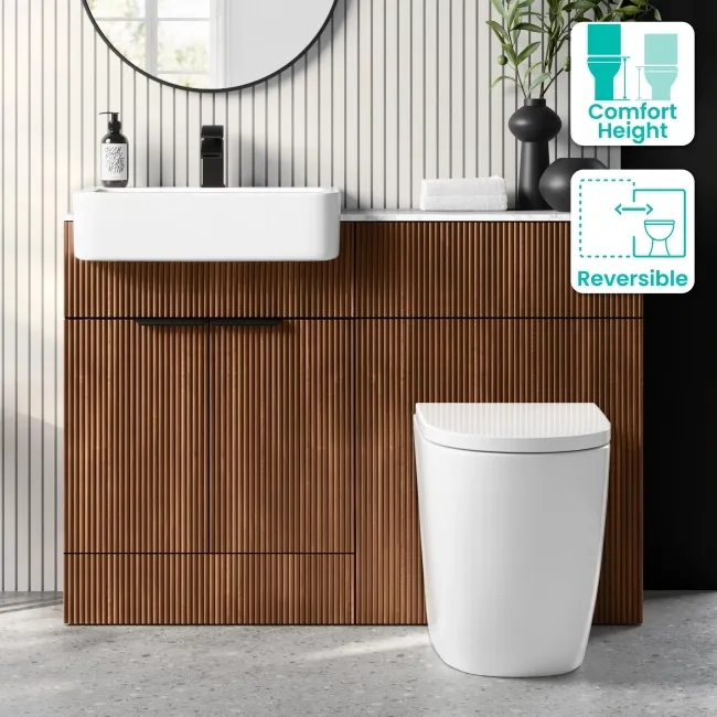 Sicily Fluted Black Walnut Combination Vanity Basin with Marble Top & Utah Comfort Height Toilet 1200mm - Black Accents