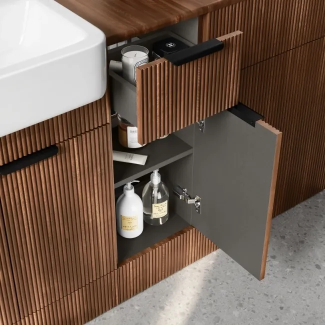 Sicily Fluted Black Walnut Combination Vanity Basin 1500mm (Excludes Toilet) - Black Accents