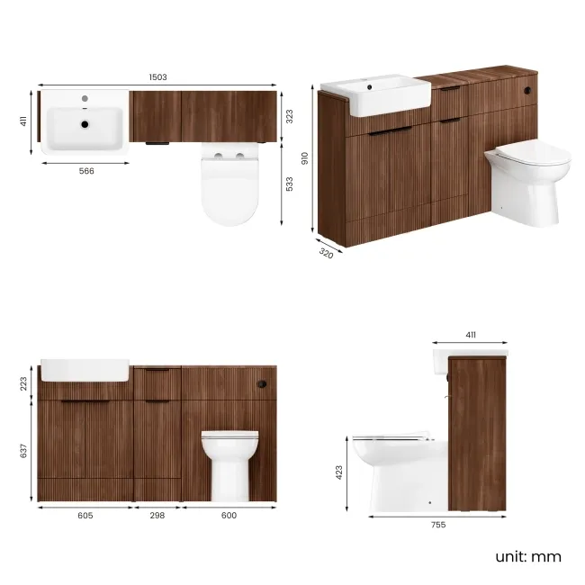 Sicily Fluted Black Walnut Combination Vanity Basin and Aruba Toilet 1500mm - Black Accents