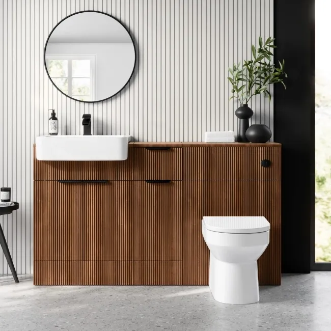 Sicily Fluted Black Walnut Combination Vanity Basin and Miami Toilet 1500mm - Black Accents