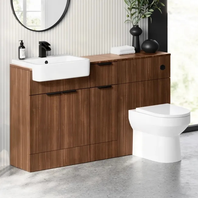 Sicily Fluted Black Walnut Combination Vanity Basin and Miami Toilet 1500mm - Black Accents