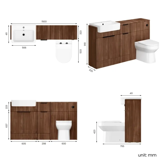 Sicily Fluted Black Walnut Combination Vanity Basin and Miami Toilet 1500mm - Black Accents