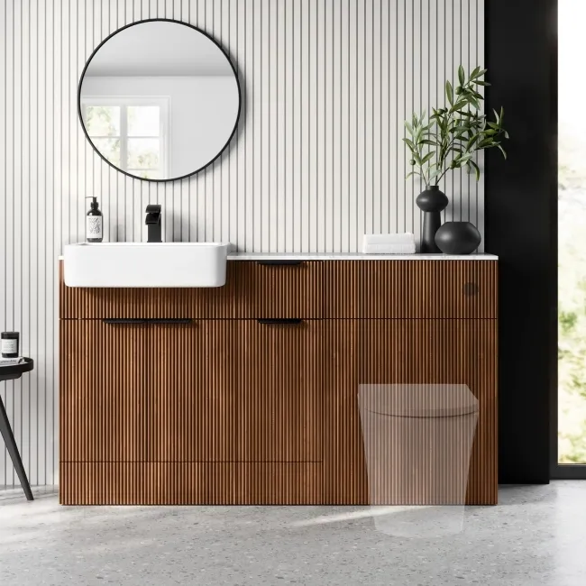 Sicily Fluted Black Walnut Combination Vanity Basin with Marble Top 1500mm (Excludes Toilet) - Black Accents