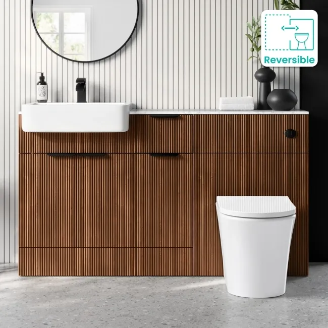 Sicily Fluted Black Walnut Combination Vanity Basin with Marble Top & Tucson Toilet 1500mm - Black Accents