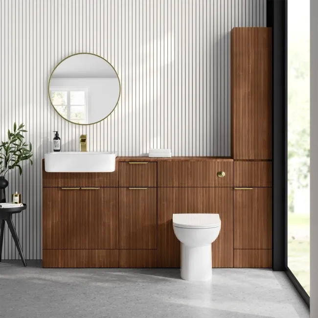 Sicily Fluted Black Walnut Floor Standing Tall Cabinet Unit 1900x300mm - Brushed Brass Accents