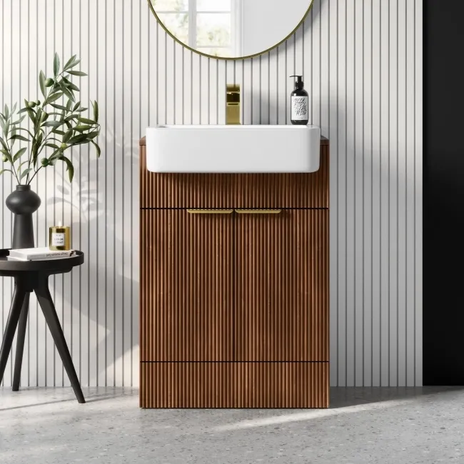 Sicily Fluted Black Walnut Vanity with Semi Recessed Basin 600mm - Brushed Brass Accents