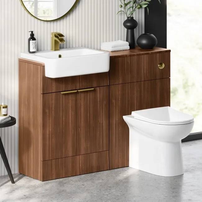 Sicily Fluted Black Walnut Combination Vanity Basin and Aruba Toilet 1200mm - Brushed Brass Accents