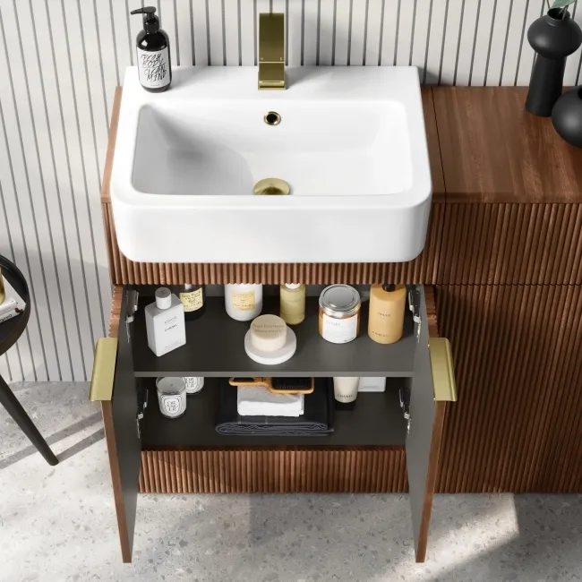 Sicily Fluted Black Walnut Combination Vanity Basin and Aruba Toilet 1200mm - Brushed Brass Accents