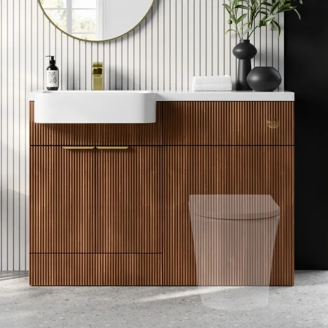 Sicily Fluted Black Walnut Basin Vanity and Back To Wall Toilet Unit 1200mm (Excludes Toilet) - Brushed Brass Accents - Left Handed