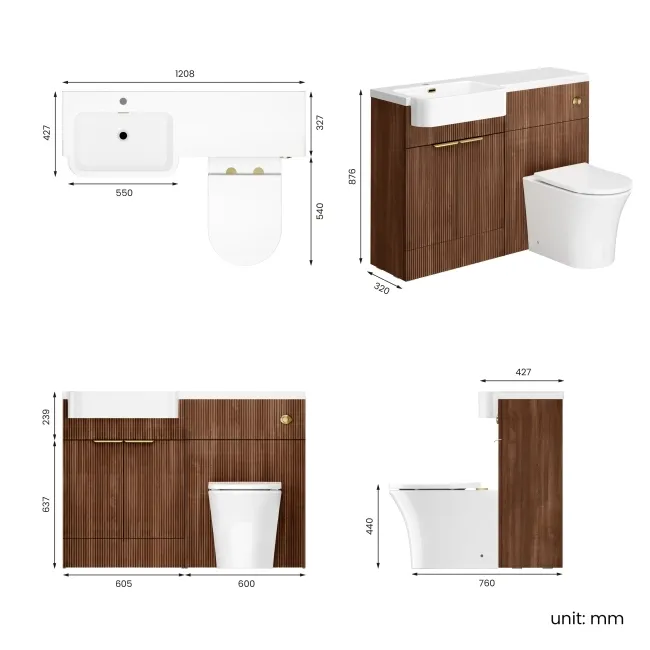Sicily Fluted Black Walnut Combination Vanity Basin and Tucson Toilet 1200mm - Brushed Brass Accents - Left Handed