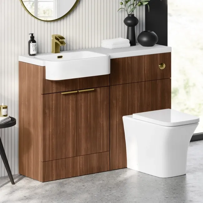Sicily Fluted Black Walnut Combination Vanity Basin and Houston Toilet 1200mm - Brushed Brass Accents - Left Handed