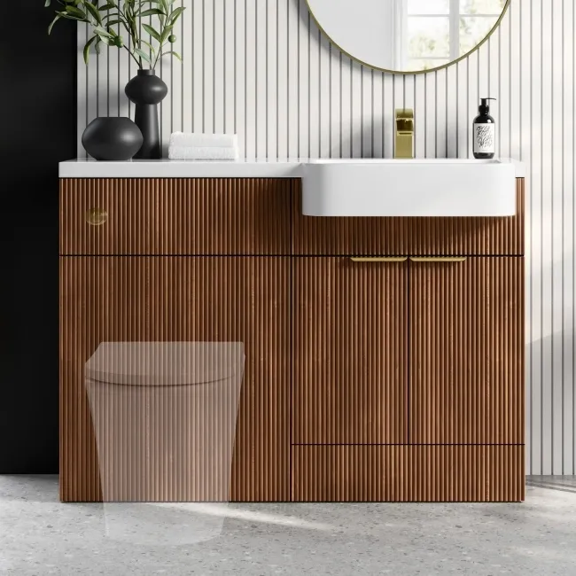 Sicily Fluted Black Walnut Basin Vanity and Back To Wall Toilet Unit 1200mm (Excludes Toilet) - Brushed Brass Accents - Right Handed