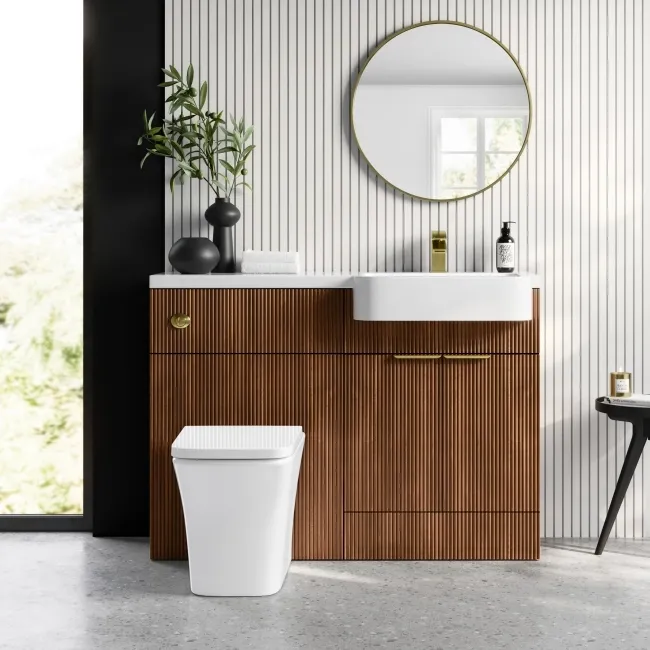 Sicily Fluted Black Walnut Combination Vanity Basin and Houston Toilet 1200mm - Brushed Brass Accents - Right Handed