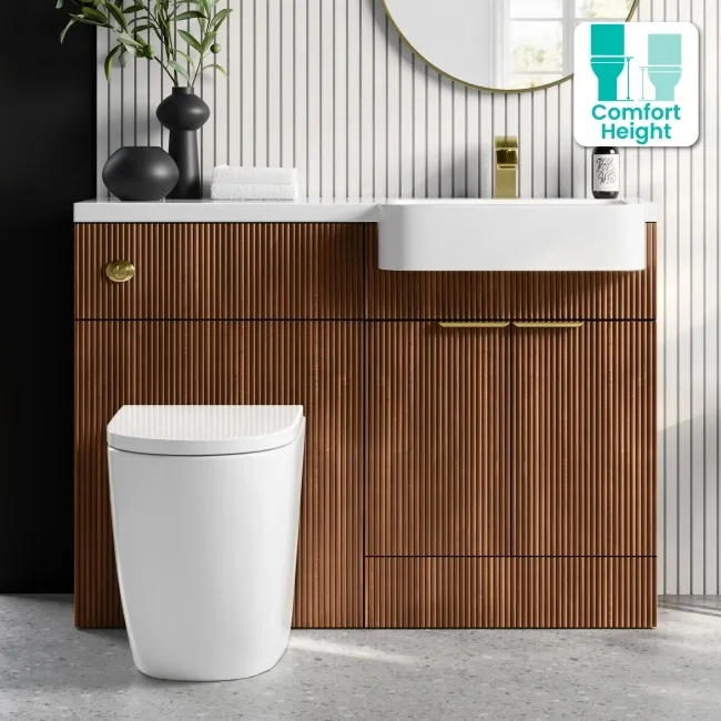 Sicily Fluted Black Walnut Combination Vanity Basin and Utah Comfort Height Toilet 1200mm - Brushed Brass Accents - Right Handed