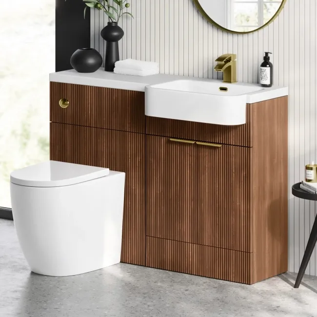 Sicily Fluted Black Walnut Combination Vanity Basin and Utah Comfort Height Toilet 1200mm - Brushed Brass Accents - Right Handed