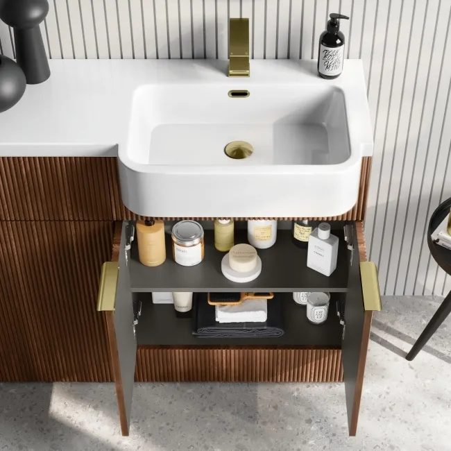 Sicily Fluted Black Walnut Combination Vanity Basin and Utah Comfort Height Toilet 1200mm - Brushed Brass Accents - Right Handed