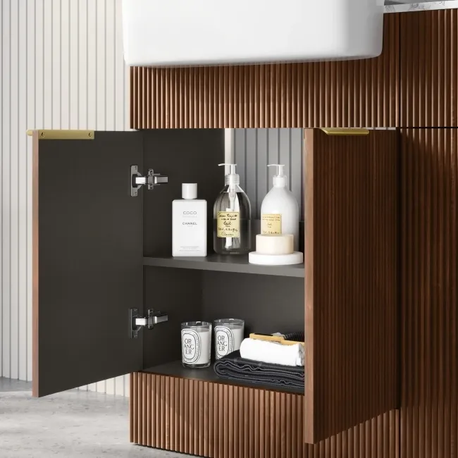 Sicily Fluted Black Walnut Vanity with Marble Top & Back To Wall Unit 1200mm (Excludes Toilet) - Brushed Brass Accents
