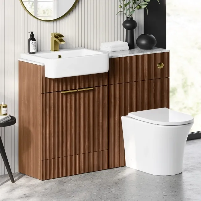 Sicily Fluted Black Walnut Combination Vanity Basin with Marble Top & Tucson Toilet 1200mm - Brushed Brass Accents