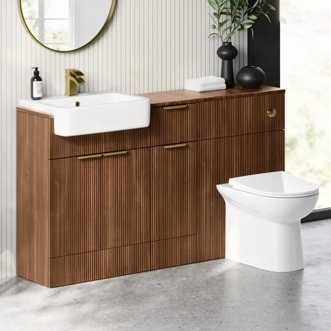 Sicily Fluted Black Walnut Combination Vanity Basin and Aruba Toilet 1500mm - Brushed Brass Accents