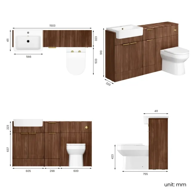 Sicily Fluted Black Walnut Combination Vanity Basin and Miami Toilet 1500mm - Brushed Brass Accents