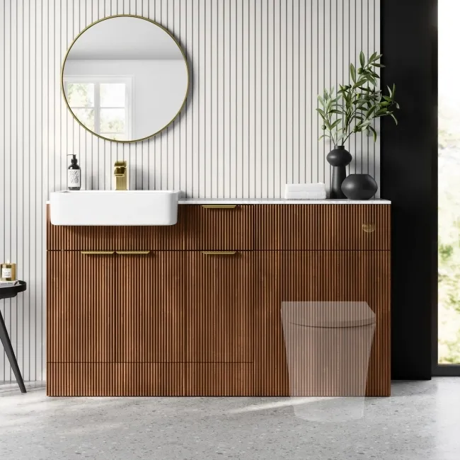 Sicily Fluted Black Walnut Combination Vanity Basin with Marble Top 1500mm (Excludes Toilet) - Brushed Brass Accents