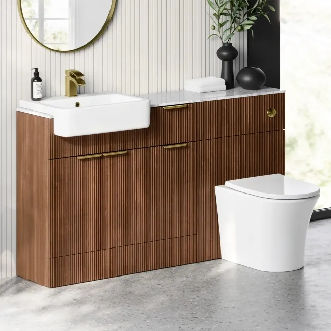 Sicily Fluted Black Walnut Combination Vanity Basin with Marble Top & Tucson Toilet 1500mm - Brushed Brass Accents