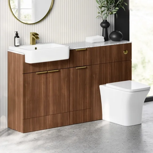 Sicily Fluted Black Walnut Combination Vanity Basin with Marble Top & Houston Toilet 1500mm - Brushed Brass Accents
