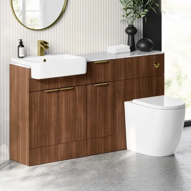 Sicily Fluted Black Walnut Combination Vanity Basin with Marble Top & Utah Comfort Height Toilet 1500mm - Brushed Brass Accents