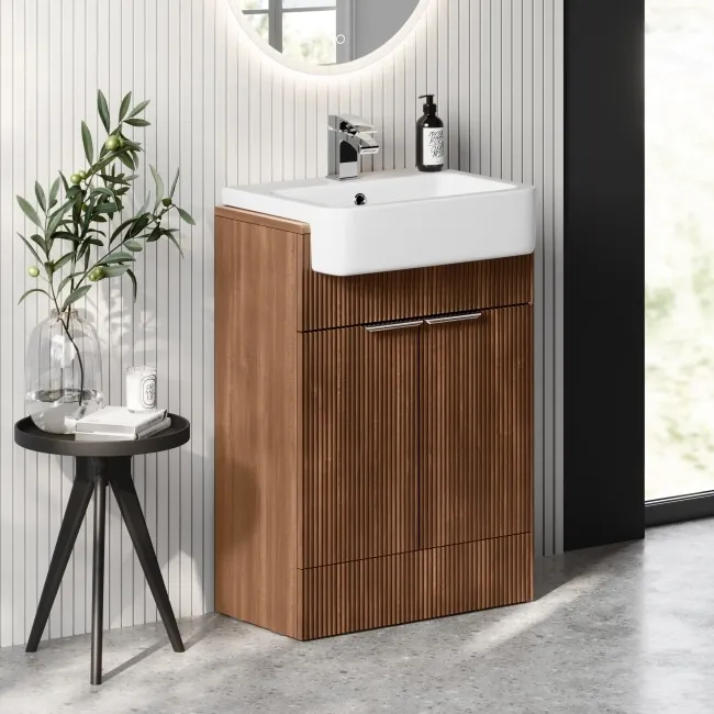 Sicily Fluted Black Walnut Vanity with Semi Recessed Basin 600mm - Chrome Handles