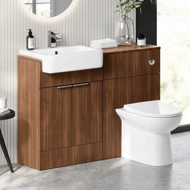 Sicily Fluted Black Walnut Combination Vanity Basin and Aruba Toilet 1200mm - Chrome Handles