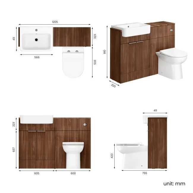 Sicily Fluted Black Walnut Combination Vanity Basin and Aruba Toilet 1200mm - Chrome Handles