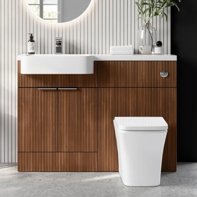 Sicily Fluted Black Walnut Combination Vanity Basin and Houston Toilet 1200mm - Chrome Handles - Left Handed
