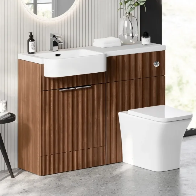 Sicily Fluted Black Walnut Combination Vanity Basin and Houston Toilet 1200mm - Chrome Handles - Left Handed