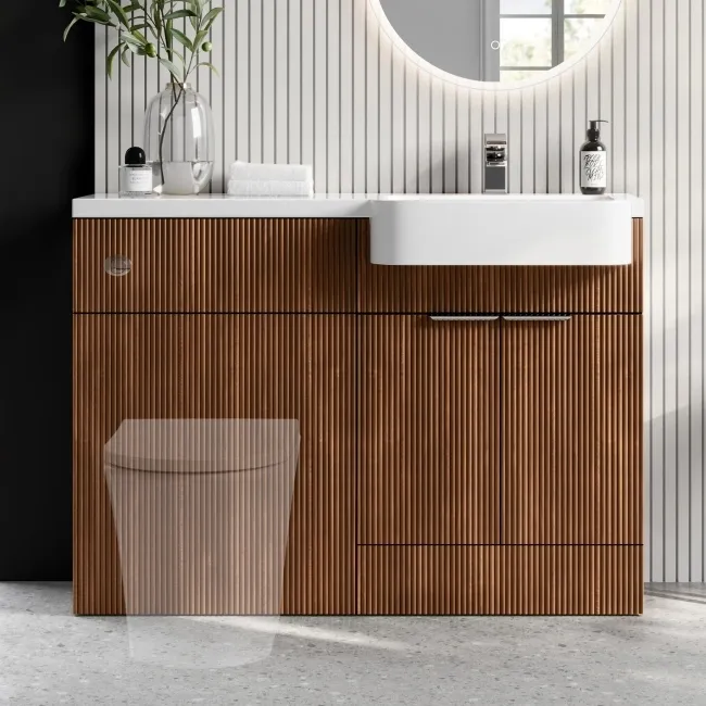 Sicily Fluted Black Walnut Basin Vanity and Back To Wall Toilet Unit 1200mm (Excludes Toilet) - Chrome Handles - Right Handed