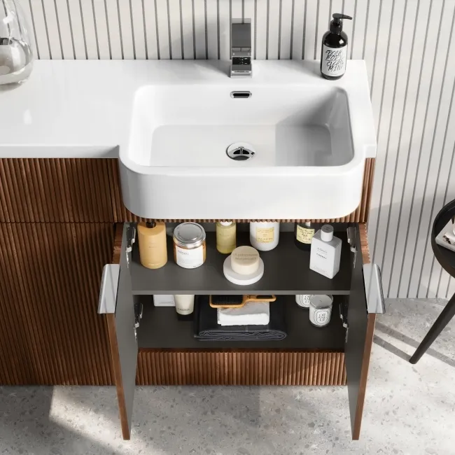 Sicily Fluted Black Walnut Combination Vanity Basin and Tucson Toilet 1200mm - Chrome Handles - Right Handed