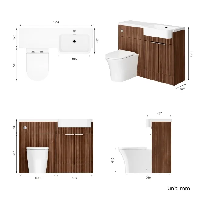 Sicily Fluted Black Walnut Combination Vanity Basin and Tucson Toilet 1200mm - Chrome Handles - Right Handed