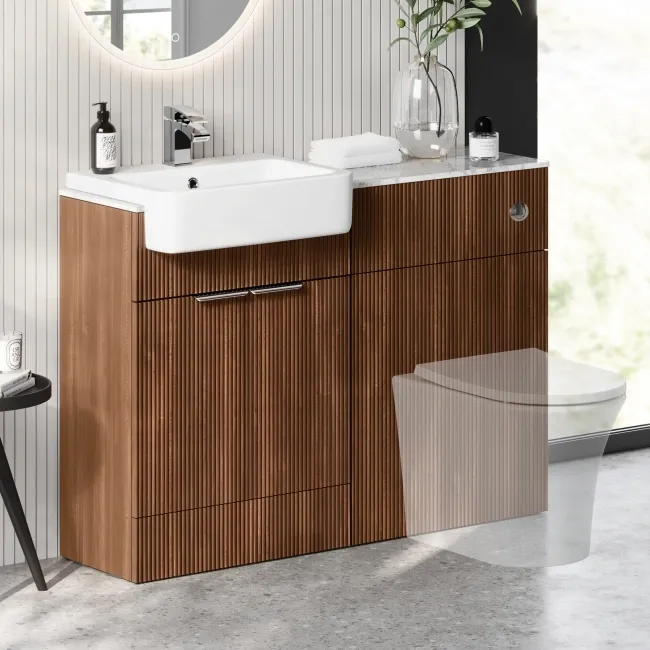 Sicily Fluted Black Walnut Basin Vanity with Marble Top & Back To Wall Unit 1200mm (Excludes Toilet) - Chrome Handles