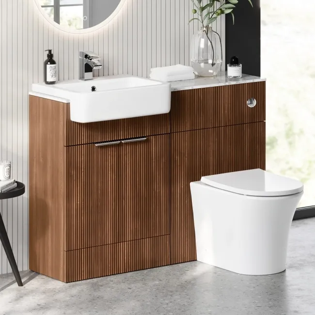 Sicily Fluted Black Walnut Combination Vanity Basin with Marble Top & Tucson Toilet 1200mm - Chrome Handles