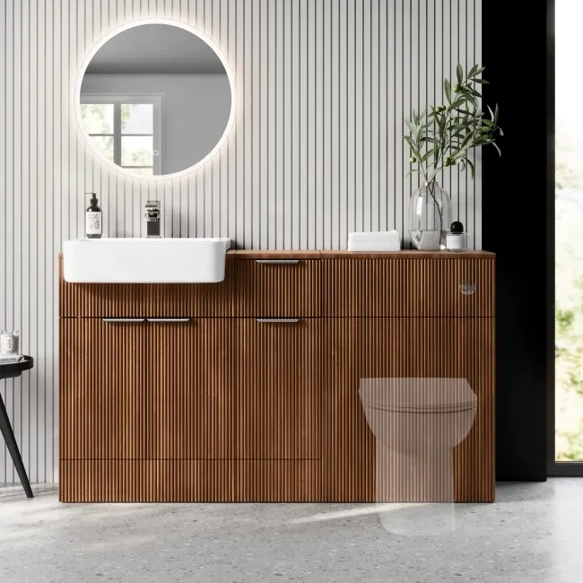 Sicily Fluted Black Walnut Combination Vanity Basin 1500mm (Excludes Toilet) - Chrome Handles